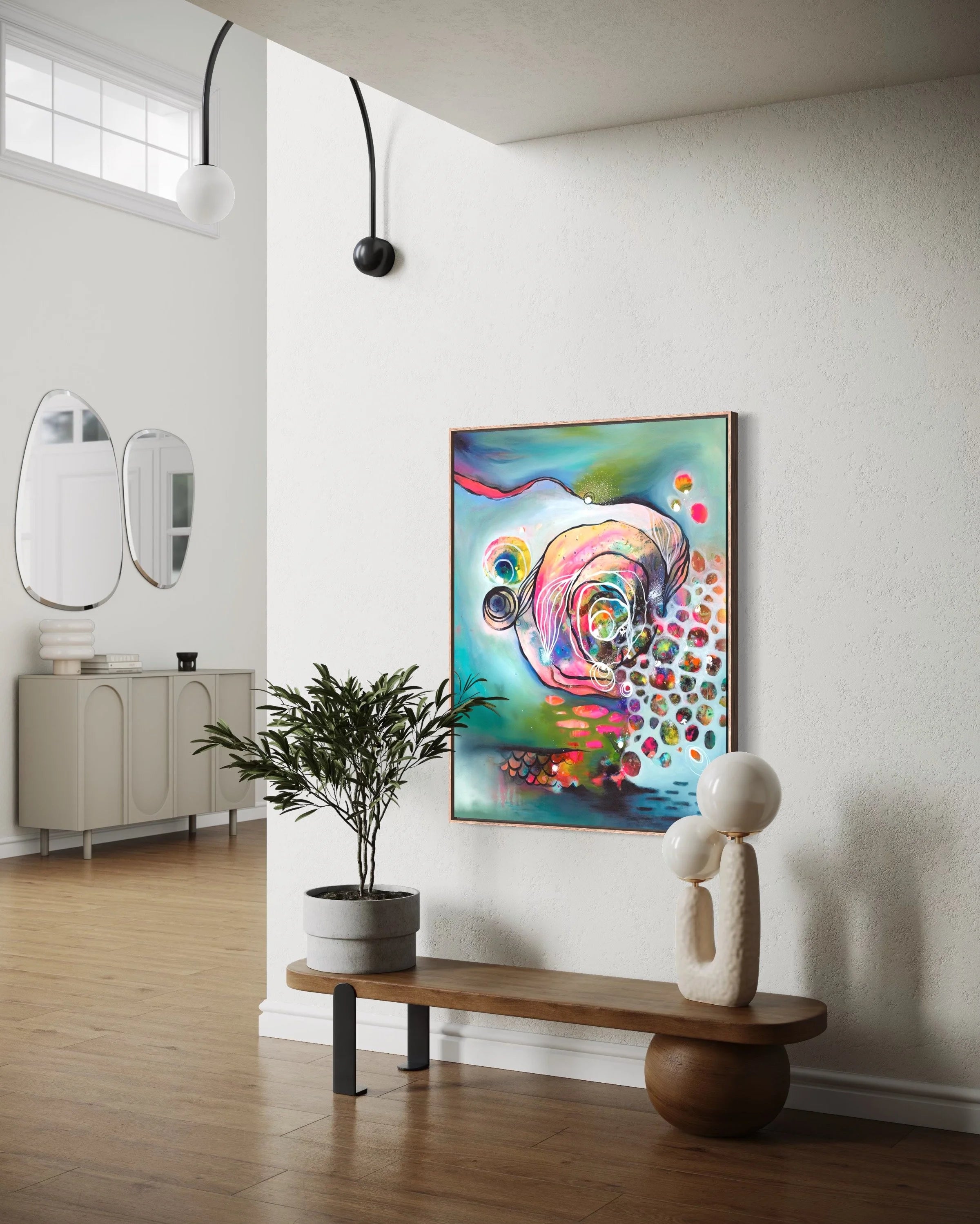 Large original abstract canvas painting with vibrant swirling forms in teal, pink and blue, styled in a contemporary modern home interior — original artwork by Melbourne abstract artist Brenda Mangalore