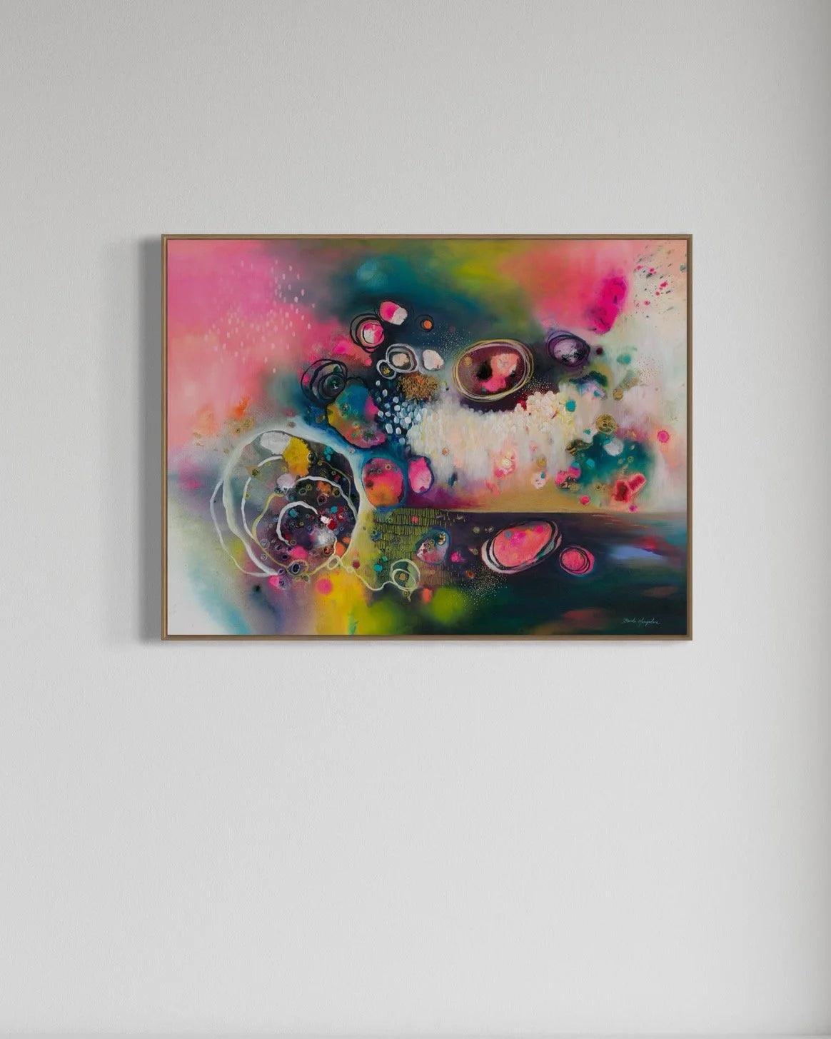 Textured expressive abstract canvas painting with swirling circular forms in bold pink, teal, yellow and gold on a luminous white ground — original artwork by Melbourne abstract artist Brenda Mangalore